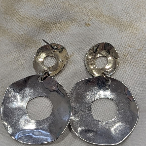 Two tone metal circle drop earrings. Gently used. Gold and silver color. - Picture 2 of 2